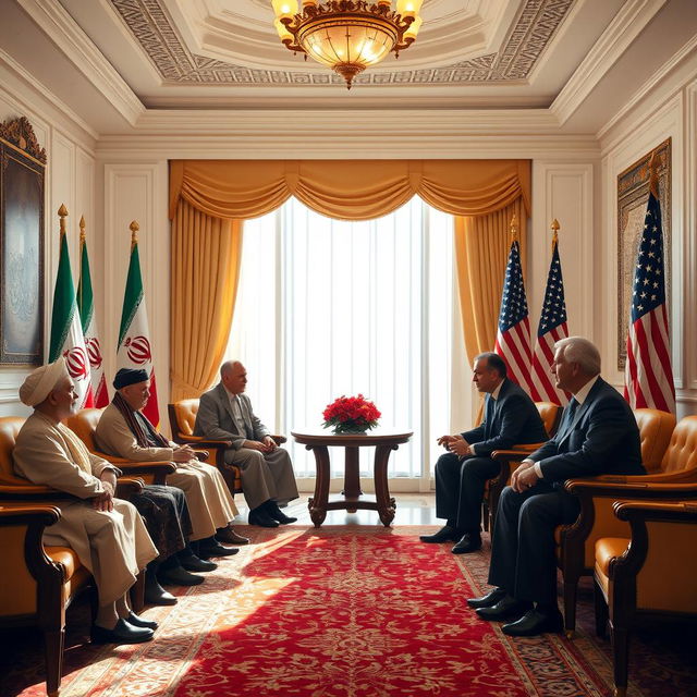 Imagine a peaceful diplomatic summit between representatives of Iran and the United States in a beautiful, sunlit conference room