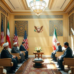 Imagine a peaceful diplomatic summit between representatives of Iran and the United States in a beautiful, sunlit conference room