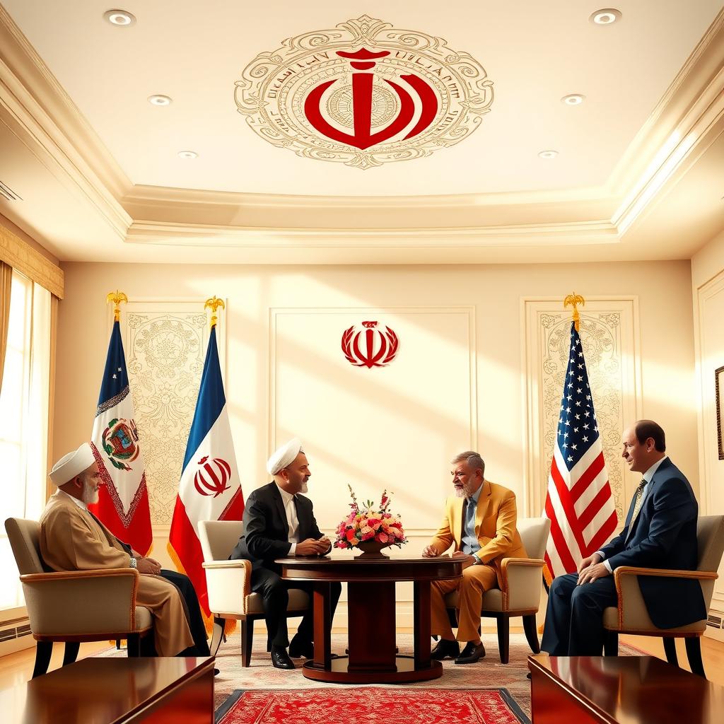 Imagine a peaceful diplomatic summit between representatives of Iran and the United States in a beautiful, sunlit conference room