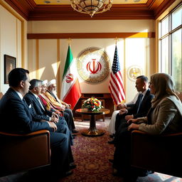 Imagine a peaceful diplomatic summit between representatives of Iran and the United States in a beautiful, sunlit conference room