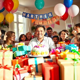A joyful father surrounded by an abundance of gifts at a Father's Day celebration, smiling broadly as he unwraps presents
