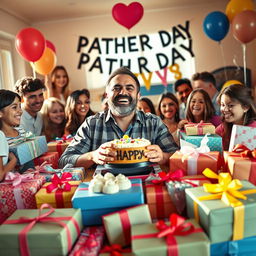 A joyful father surrounded by an abundance of gifts at a Father's Day celebration, smiling broadly as he unwraps presents