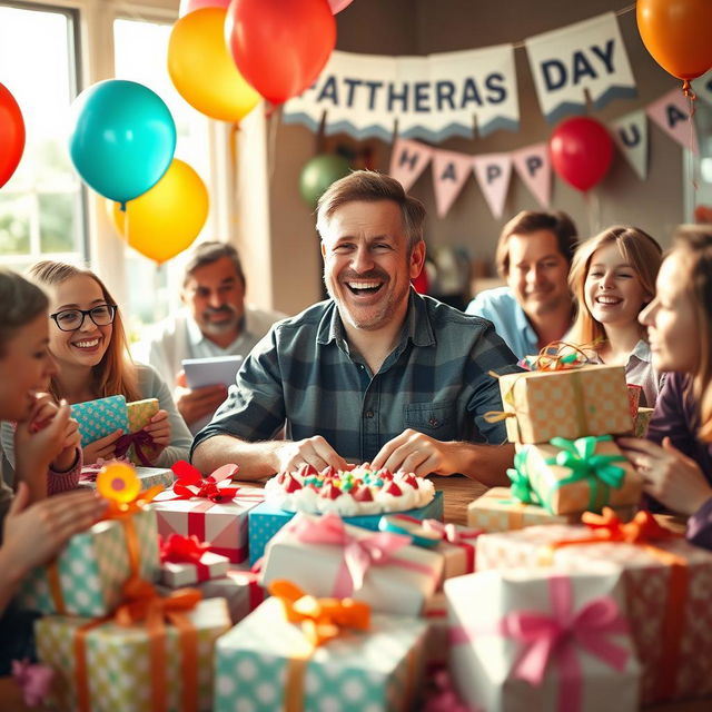 A joyful father surrounded by an abundance of gifts at a Father's Day celebration, smiling broadly as he unwraps presents