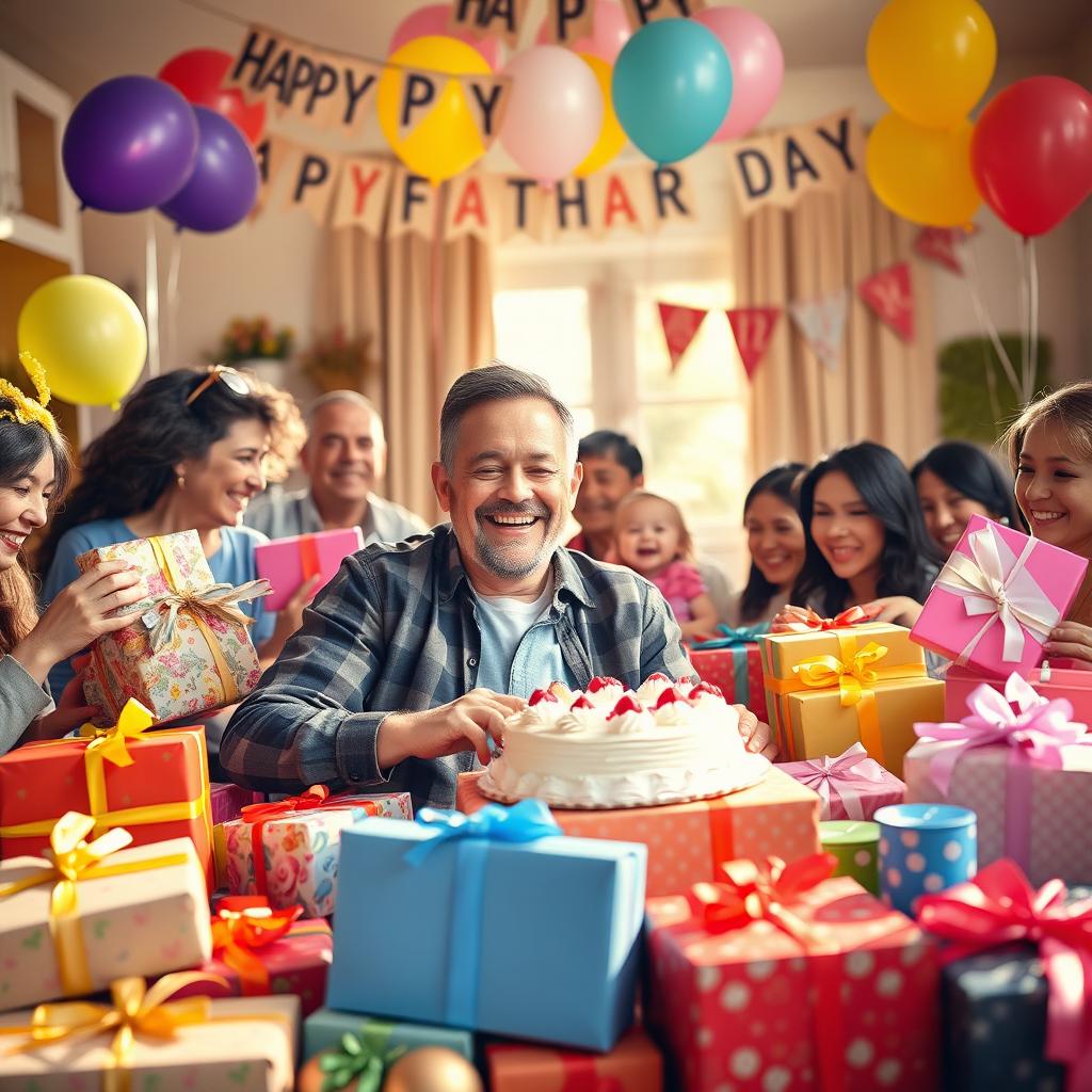 A joyful father surrounded by an abundance of gifts at a Father's Day celebration, smiling broadly as he unwraps presents