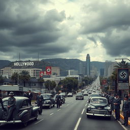 A surreal depiction of Los Angeles during World War II under Nazi control