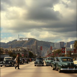 A surreal depiction of Los Angeles during World War II under Nazi control