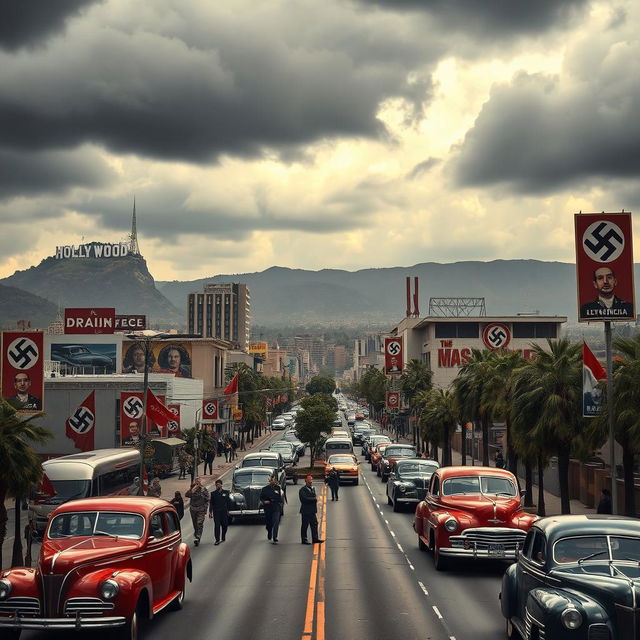 A surreal depiction of Los Angeles during World War II under Nazi control