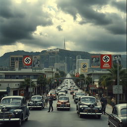 A surreal depiction of Los Angeles during World War II under Nazi control