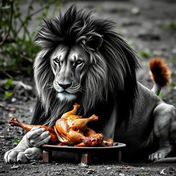 A majestic lion in black and white, with a strikingly detailed mane, sitting gracefully as it devours a roasted chicken
