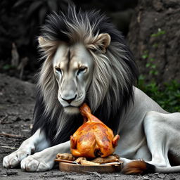 A majestic lion in black and white, with a strikingly detailed mane, sitting gracefully as it devours a roasted chicken