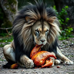 A majestic lion in black and white, with a strikingly detailed mane, sitting gracefully as it devours a roasted chicken