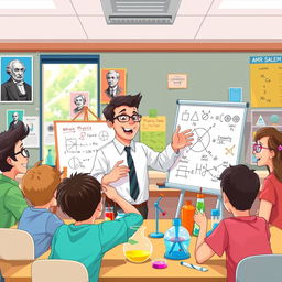 A visually engaging educational illustration showcasing a physics classroom led by a charismatic teacher named Mr
