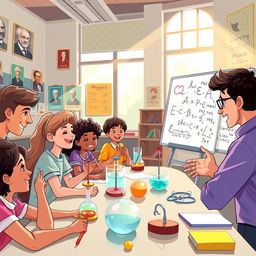 A visually engaging educational illustration showcasing a physics classroom led by a charismatic teacher named Mr