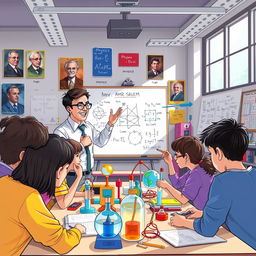 A visually engaging educational illustration showcasing a physics classroom led by a charismatic teacher named Mr