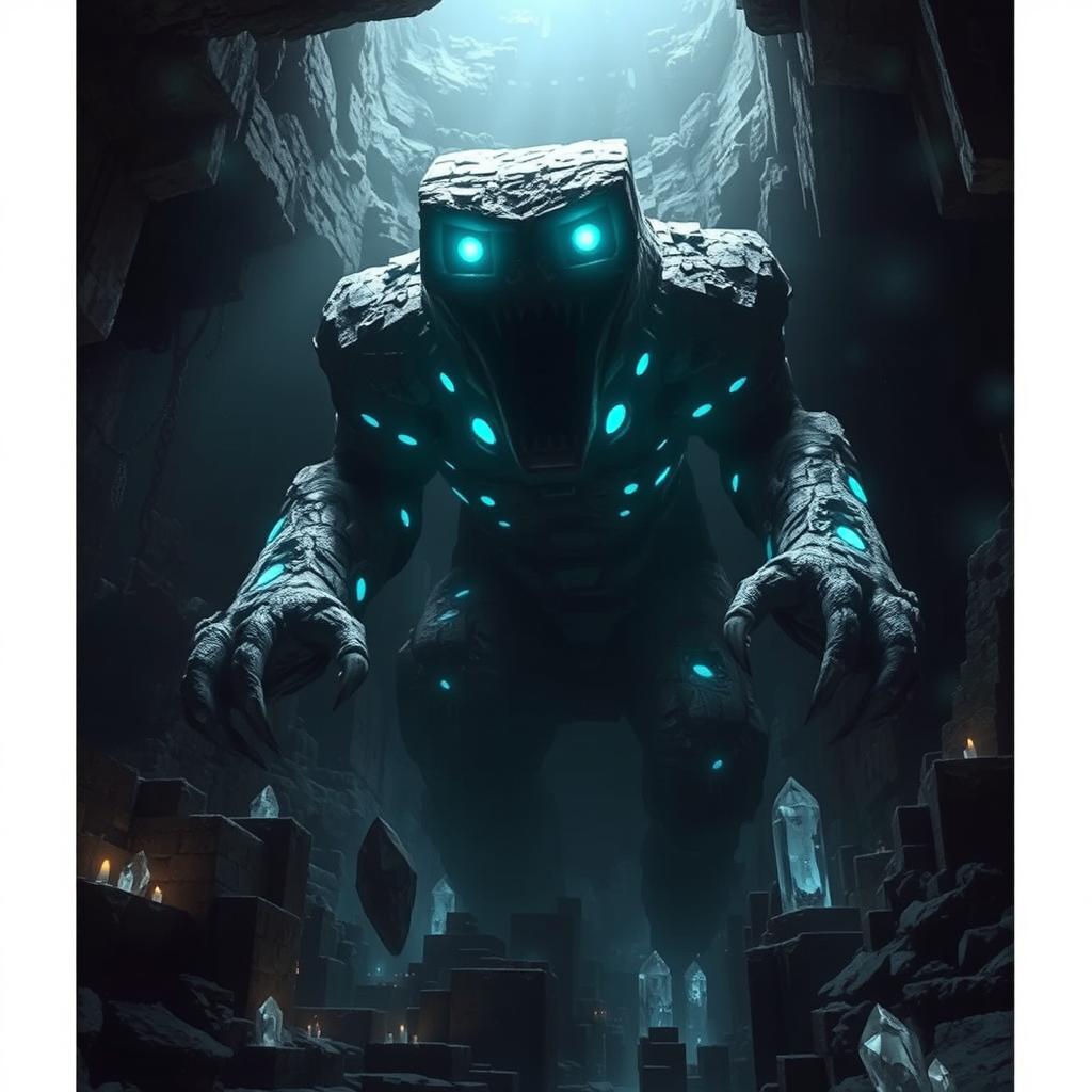 A realistic depiction of a Minecraft warden, portrayed as a towering, shadowy creature emerging from deep underground caves