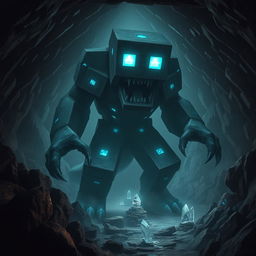 A realistic depiction of a Minecraft warden, portrayed as a towering, shadowy creature emerging from deep underground caves