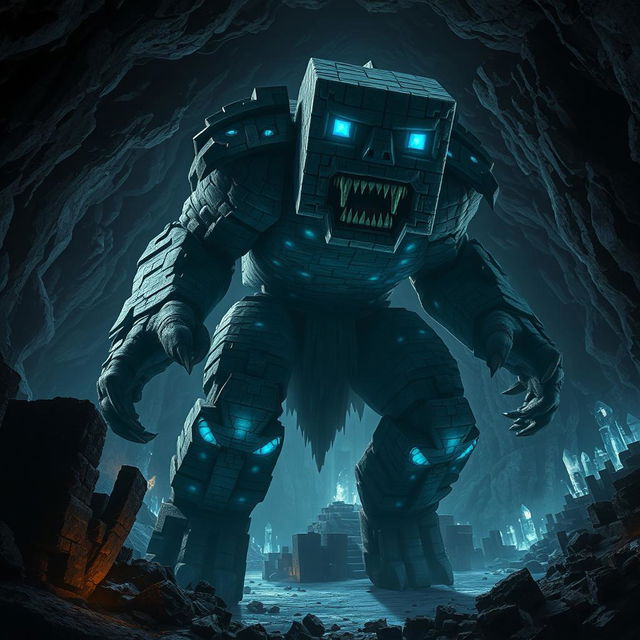 A realistic depiction of a Minecraft warden, portrayed as a towering, shadowy creature emerging from deep underground caves