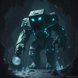 A realistic depiction of a Minecraft warden, portrayed as a towering, shadowy creature emerging from deep underground caves