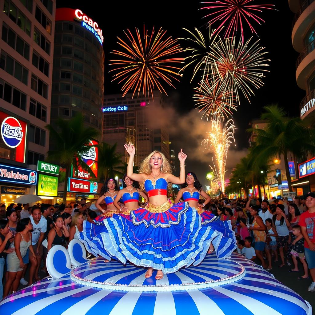 A vibrant tropical city at night, featuring modern buildings illuminated with colorful signs from Coca-Cola, Pepsi Cola, Hatuey, Materva, and Maltina