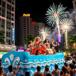A vibrant tropical city at night, featuring modern buildings illuminated with colorful signs from Coca-Cola, Pepsi Cola, Hatuey, Materva, and Maltina