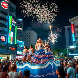 A vibrant tropical city at night, featuring modern buildings illuminated with colorful signs from Coca-Cola, Pepsi Cola, Hatuey, Materva, and Maltina