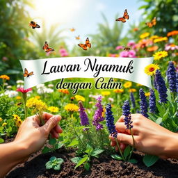 An engaging outdoor scene depicting a variety of mosquito-repelling plants being planted in a vibrant, healthy environment