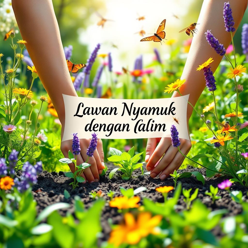 An engaging outdoor scene depicting a variety of mosquito-repelling plants being planted in a vibrant, healthy environment