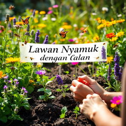 An engaging outdoor scene depicting a variety of mosquito-repelling plants being planted in a vibrant, healthy environment