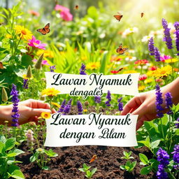 An engaging outdoor scene depicting a variety of mosquito-repelling plants being planted in a vibrant, healthy environment