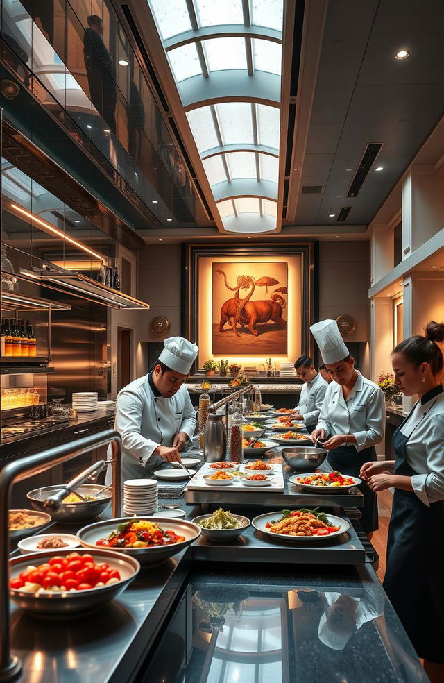 A luxurious culinary school named 'The Apprentice Program' designed by Nathan Pintos, exuding elegance and sophistication