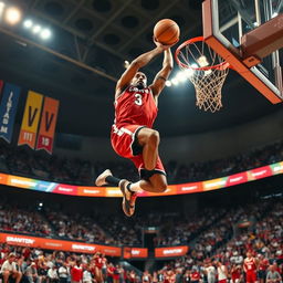 A dynamic basketball scene capturing a player making a slam dunk, soaring through the air with a vibrant basketball court in the background