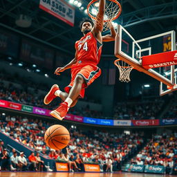 A dynamic basketball scene capturing a player making a slam dunk, soaring through the air with a vibrant basketball court in the background