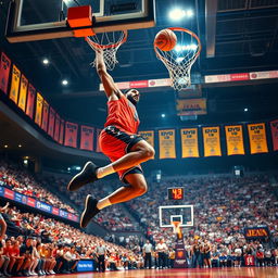 A dynamic basketball scene capturing a player making a slam dunk, soaring through the air with a vibrant basketball court in the background