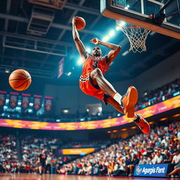 A dynamic basketball scene capturing a player making a slam dunk, soaring through the air with a vibrant basketball court in the background