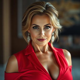 An enticing 50-year-old woman, radiating confidence and charm, wearing a striking red outfit that beautifully accentuates her cleavage