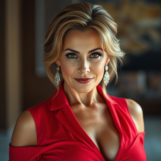 An enticing 50-year-old woman, radiating confidence and charm, wearing a striking red outfit that beautifully accentuates her cleavage