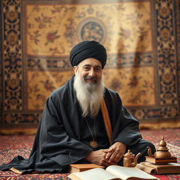 A portrait of a traditional Iranian cleric (Akhound) sitting in a serene setting, wearing a black turban and a long robe