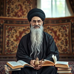 A portrait of a traditional Iranian cleric (Akhound) sitting in a serene setting, wearing a black turban and a long robe