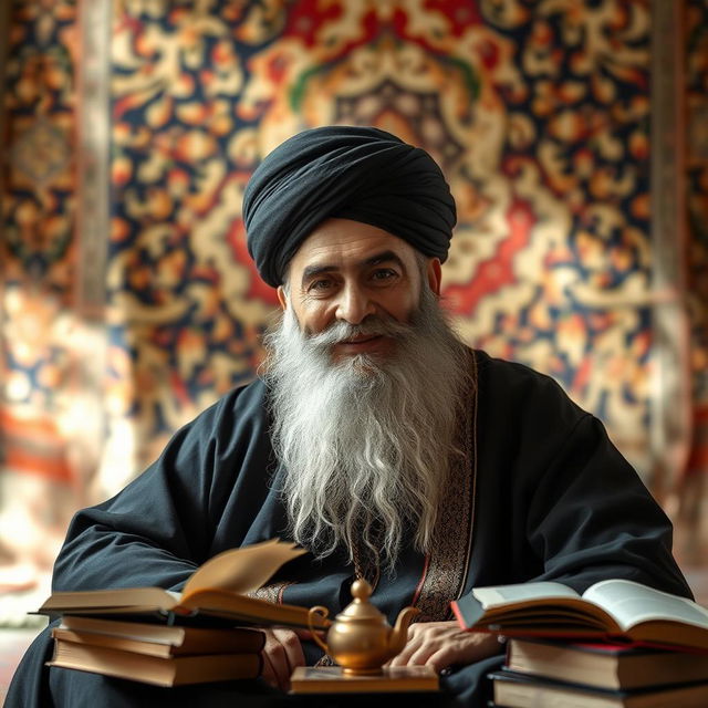 A portrait of a traditional Iranian cleric (Akhound) sitting in a serene setting, wearing a black turban and a long robe