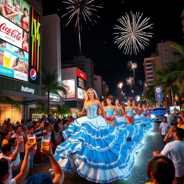 A vibrant Caribbean tropical city at night, showcasing modern, brightly lit buildings adorned with advertisements for Coca-Cola, Pepsi, Hatuey, and Maltina