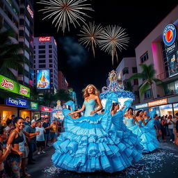 A vibrant Caribbean tropical city at night, showcasing modern, brightly lit buildings adorned with advertisements for Coca-Cola, Pepsi, Hatuey, and Maltina