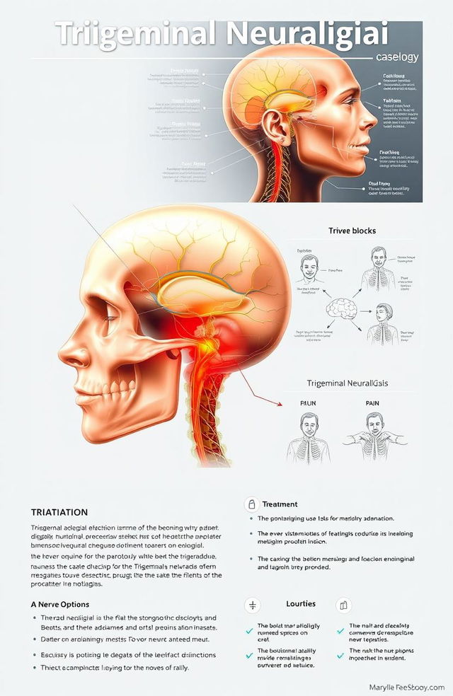 An informative and detailed visual representation of a neurology case study focusing on trigeminal neuralgia