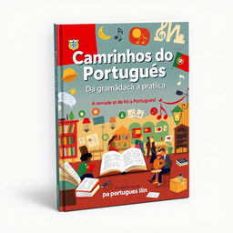 A visually engaging book cover for "Caminhos do Português - Da gramática à prática" featuring an artistic representation of the Portuguese language journey