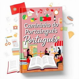 A visually engaging book cover for "Caminhos do Português - Da gramática à prática" featuring an artistic representation of the Portuguese language journey