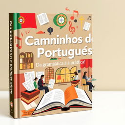 A visually engaging book cover for "Caminhos do Português - Da gramática à prática" featuring an artistic representation of the Portuguese language journey