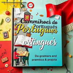 A visually engaging book cover for "Caminhos do Português - Da gramática à prática" featuring an artistic representation of the Portuguese language journey