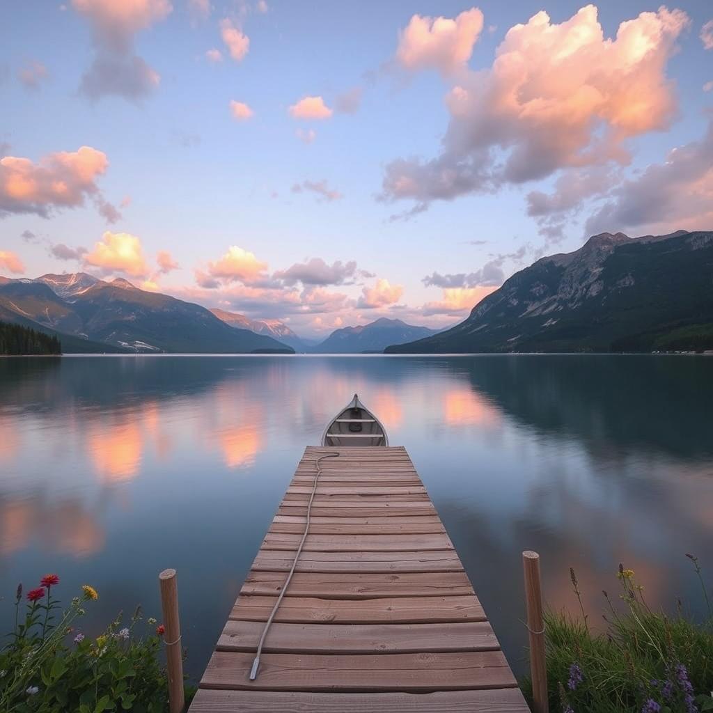 A serene landscape featuring a tranquil lake surrounded by majestic mountains