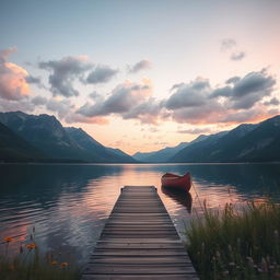 A serene landscape featuring a tranquil lake surrounded by majestic mountains