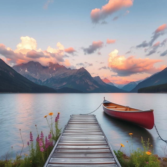 A serene landscape featuring a tranquil lake surrounded by majestic mountains