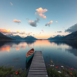 A serene landscape featuring a tranquil lake surrounded by majestic mountains